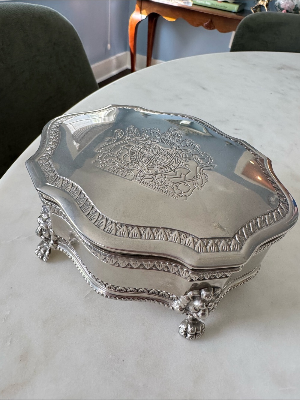Vintage Silver Plate Jewelry Box with Engraved British Royal Coat of Arms